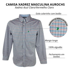 Camisa Masculina Aurochs Manga Longa Xadrez Azul Claro/Vermelho Claro E Logo Bordado Verde