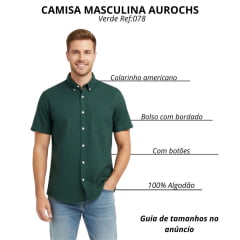 Camisa Masculina Aurochs Manga Curta Curta Sarja Lisa Verde Com Logo Bordado No Bolso Preto Ref:078