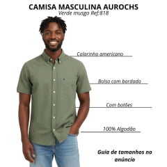 Camisa Masculina Aurochs Manga Curta Curta Sarja Lisa Verde Musgo Com Logo Bordado No Bolso Marinho Ref:818