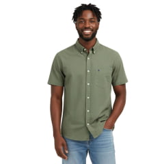Camisa Masculina Aurochs Manga Curta Curta Sarja Lisa Verde Musgo Com Logo Bordado No Bolso Marinho Ref:818