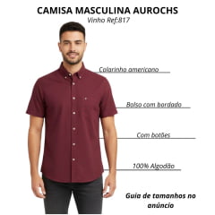 Camisa Masculina Aurochs Manga Curta Curta Sarja Lisa Vinho Com Logo Bordado No Bolso Cinza Escuro Ref:817