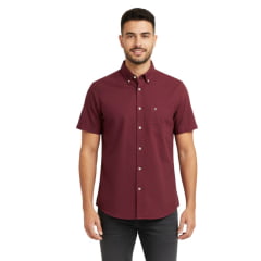 Camisa Masculina Aurochs Manga Curta Curta Sarja Lisa Vinho Com Logo Bordado No Bolso Cinza Escuro Ref:817