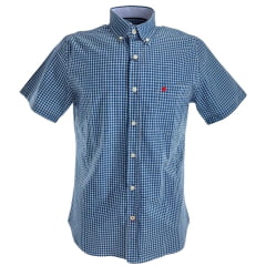 Camisa Masculina Aurochs Manga Curta Xadrez Azul Marinho E Branco Bolso Com Bordado Vermelho Ref: 12496