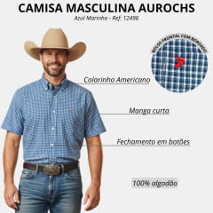 Camisa Masculina Aurochs Manga Curta Xadrez Azul Marinho E Branco Bolso Com Bordado Vermelho Ref: 12496