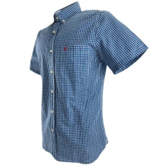 Camisa Masculina Aurochs Manga Curta Xadrez Azul Marinho E Branco Bolso Com Bordado Vermelho Ref: 12496