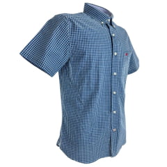 Camisa Masculina Aurochs Manga Curta Xadrez Azul Marinho E Branco Bolso Com Bordado Vermelho Ref: 12496
