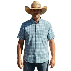 Camisa Masculina Aurochs Manga Curta Xadrez Branco E Azul Bolso Com Bordado Dourado Ref: 12495 Camisa Masculina Aurochs Manga Curta Xadrez Branco E Azul Bolso Com Bordado Dourado Ref: 12495