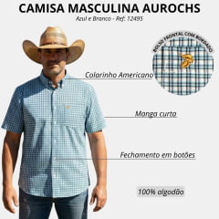 Camisa Masculina Aurochs Manga Curta Xadrez Branco E Azul Bolso Com Bordado Dourado Ref: 12495