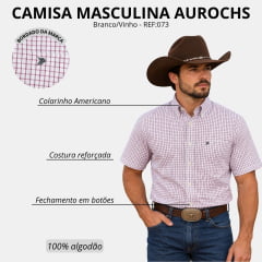 Camisa Masculina Aurochs Manga Curta Xadrez Branco/Vinho Logo Chumbo REF:073