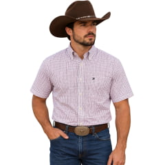 Camisa Masculina Aurochs Manga Curta Xadrez Branco/Vinho Logo Chumbo REF:073