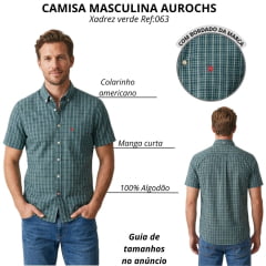 Camisa Masculina Aurochs Manga Curta Xadrez Verde Com Logo Bordado Vermelho No Bolso Ref:063