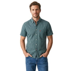 Camisa Masculina Aurochs Manga Curta Xadrez Verde Com Logo Bordado Vermelho No Bolso Ref:063