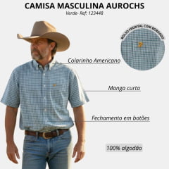 Camisa Masculina Aurochs Manga Curta Xadrez Verde Musgo Bolso Com Bordado Dourado Ref: 123448
