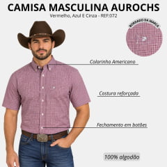 Camisa Masculina Aurochs Manga Curta Xadrez Vermelho Claro/Azul E Cinza Logo Cinza Claro REF:072