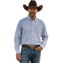 Camisa Masculina Aurochs Manga Longa Xadrez Azul Claro/cinza Bordado Marrom Ref: 063