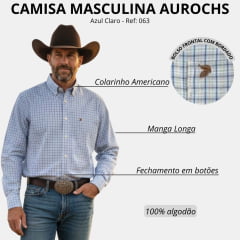 Camisa Masculina Aurochs Manga Longa Xadrez Azul Claro/cinza Bordado Marrom Ref: 063