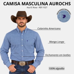 Camisa Masculina Aurochs Manga Longa Xadrez Azul E Rosa Logo Roxo REF:1027
