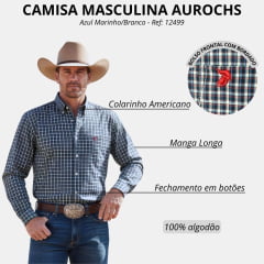 Camisa Masculina Aurochs Manga Longa Xadrez Azul Marinho/Branco Bolso Bordado Vermelho Ref: 12499