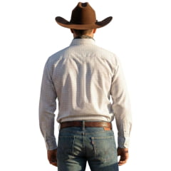 Camisa Masculina Aurochs Manga Longa Xadrez Branco/Cáqui Bolso Bordado Cáqui Ref: 057