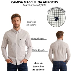 Camisa Masculina Aurochs Manga Longa Xadrez Branco E Preto Com Logo Bordado Azul Marinho No Bolso Ref:070