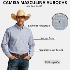 Camisa Masculina Aurochs Manga Longa Xadrez Pequeno Azul Claro/Cinza Bordado Chumbo Ref: 055