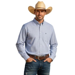 Camisa Masculina Aurochs Manga Longa Xadrez Pequeno Azul Claro/Cinza Bordado Chumbo Ref: 055