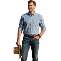 Camisa Masculina Aurochs Manga Longa Xadrez Pequeno Azul Jeans/Branco Bordado Bordô Ref: 051