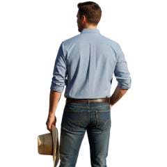 Camisa Masculina Aurochs Manga Longa Xadrez Pequeno Azul Jeans/Branco Bordado Bordô Ref: 051