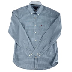 Camisa Masculina Aurochs Manga Longa Xadrez Pequeno Azul Jeans/Branco Bordado Bordô Ref: 051