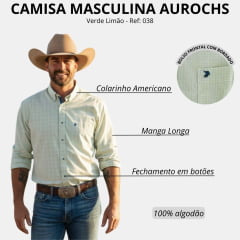 Camisa Masculina Aurochs Manga Longa Xadrez Pequeno Verde Limão Bordado Marinho Ref: 038