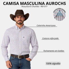 Camisa Masculina Aurochs Manga Longa Xadrez Rosa/Azul E Chumbo Logo Chumbo REF:077