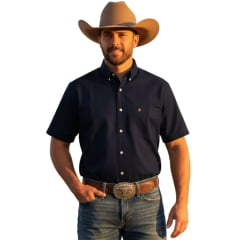 Camisa Masculina Aurochs Sarja Manga Curta Azul Marinho Com Bolso Bordado Laranja Ref: 11828 Camisa Masculina Aurochs Sarja Manga Curta Azul Marinho Com Bolso Bordado Laranja Ref: 11828