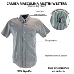 Camisa Masculina Austin Western Manga Curta Xadrez Mini Verde Rosa Logo Bordado Azul Marinho Ref:14462