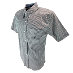 Camisa Masculina Austin Western Manga Curta Xadrez Mini Verde Rosa Logo Bordado Azul Marinho Ref:14462