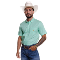 Camisa Masculina Austin Western Manga Curta Xadrez Verde Claro E Branco Com Logo Laranja Ref:13631