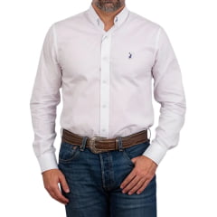 Camisa Masculina Austin Western Manga Longa Branco Lisa Com Logo Bordado Azul Marinho Ref:13405 Camisa Masculina Austin Western Manga Longa Branco Lisa Com Logo Bordado Azul Marinho Ref:13405