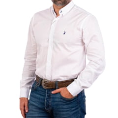 Camisa Masculina Austin Western Manga Longa Branco Lisa Com Logo Bordado Azul Marinho Ref:13405