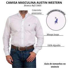 Camisa Masculina Austin Western Manga Longa Branco Lisa Com Logo Bordado Azul Marinho Ref:13405