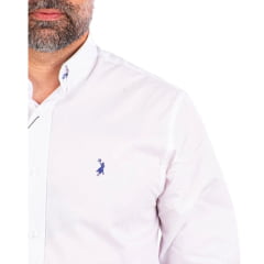 Camisa Masculina Austin Western Manga Longa Branco Lisa Com Logo Bordado Azul Marinho Ref:13405