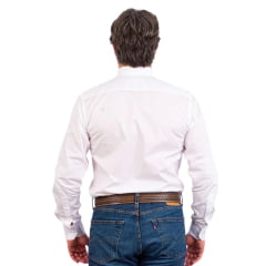 Camisa Masculina Austin Western Manga Longa Branco Lisa Com Logo Bordado Azul Marinho Ref:13405