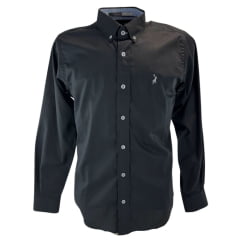 Camisa Masculina Austin Western Manga Longa Preto Lisa Com Logo Bordado Cinza Claro Ref:13405 Camisa Masculina Austin Western Manga Longa Preto Lisa Com Logo Bordado Cinza Claro Ref:13405