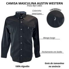 Camisa Masculina Austin Western Manga Longa Preto Lisa Com Logo Bordado Cinza Claro Ref:13405