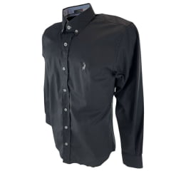 Camisa Masculina Austin Western Manga Longa Preto Lisa Com Logo Bordado Cinza Claro Ref:13405