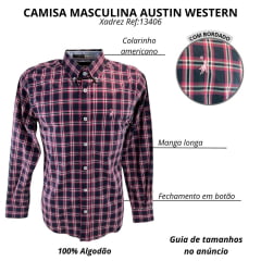 Camisa Masculina Austin Western Manga Longa Xadrez Azul Marinho Rosa E Branco Com Logo Bordado Rosa Claro Ref:13406