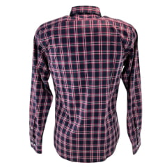 Camisa Masculina Austin Western Manga Longa Xadrez Azul Marinho Rosa E Branco Com Logo Bordado Rosa Claro Ref:13406