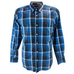 Camisa Masculina Austin Western Manga Longa Xadrez Azul Royal Azul E Branco Com Logo Bordado Vermelho Ref:13406 Camisa Masculina Austin Western Manga Longa Xadrez Azul Royal Azul E Branco Com Logo Bordado Vermelho Ref:13406