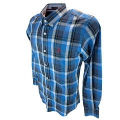 Camisa Masculina Austin Western Manga Longa Xadrez Azul Royal Azul E Branco Com Logo Bordado Vermelho Ref:13406