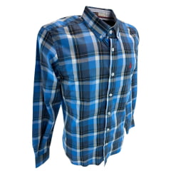Camisa Masculina Austin Western Manga Longa Xadrez Azul Royal Azul E Branco Com Logo Bordado Vermelho Ref:13406