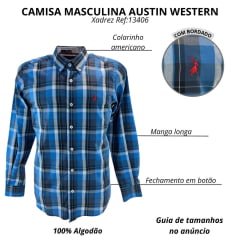 Camisa Masculina Austin Western Manga Longa Xadrez Azul Royal Azul E Branco Com Logo Bordado Vermelho Ref:13406