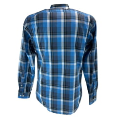 Camisa Masculina Austin Western Manga Longa Xadrez Azul Royal Azul E Branco Com Logo Bordado Vermelho Ref:13406